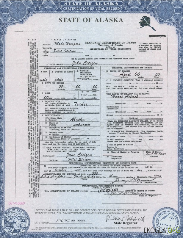 Modèle de certificat de décès de l'État de l'Alaska aux États Unis au format PSD